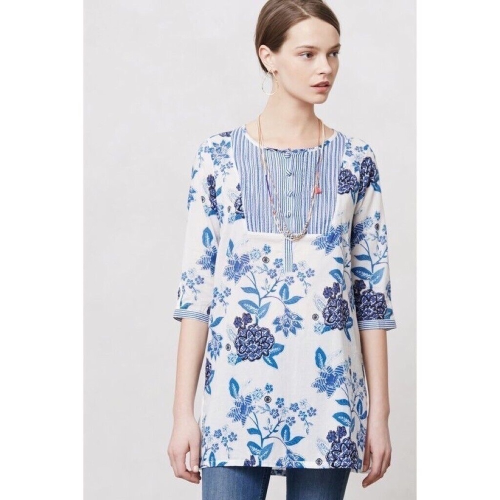 Anthropologie MERMAID Floral Sea Holly Tunic Top Stripes Beach Summer Large